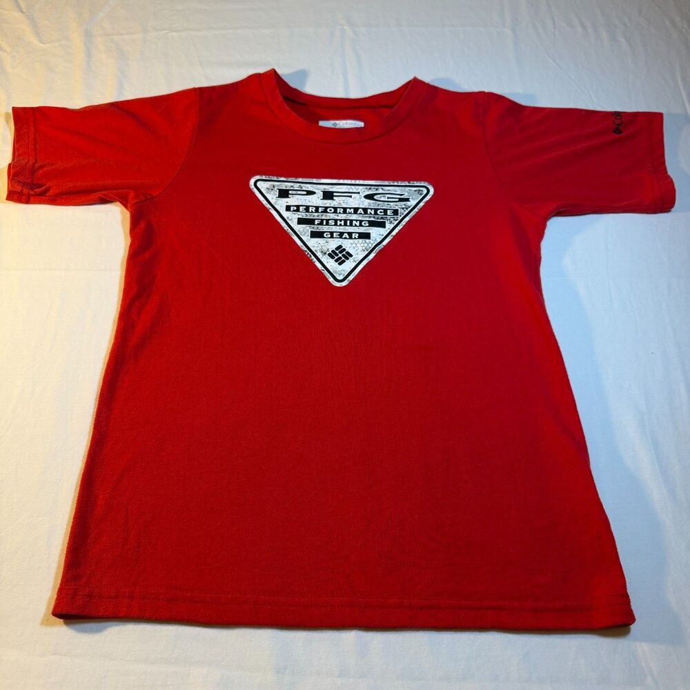 Columbia Graphic Tee M(10/12) Boys Red Cotton Blend Short Sleeve Fishing T-Shirt